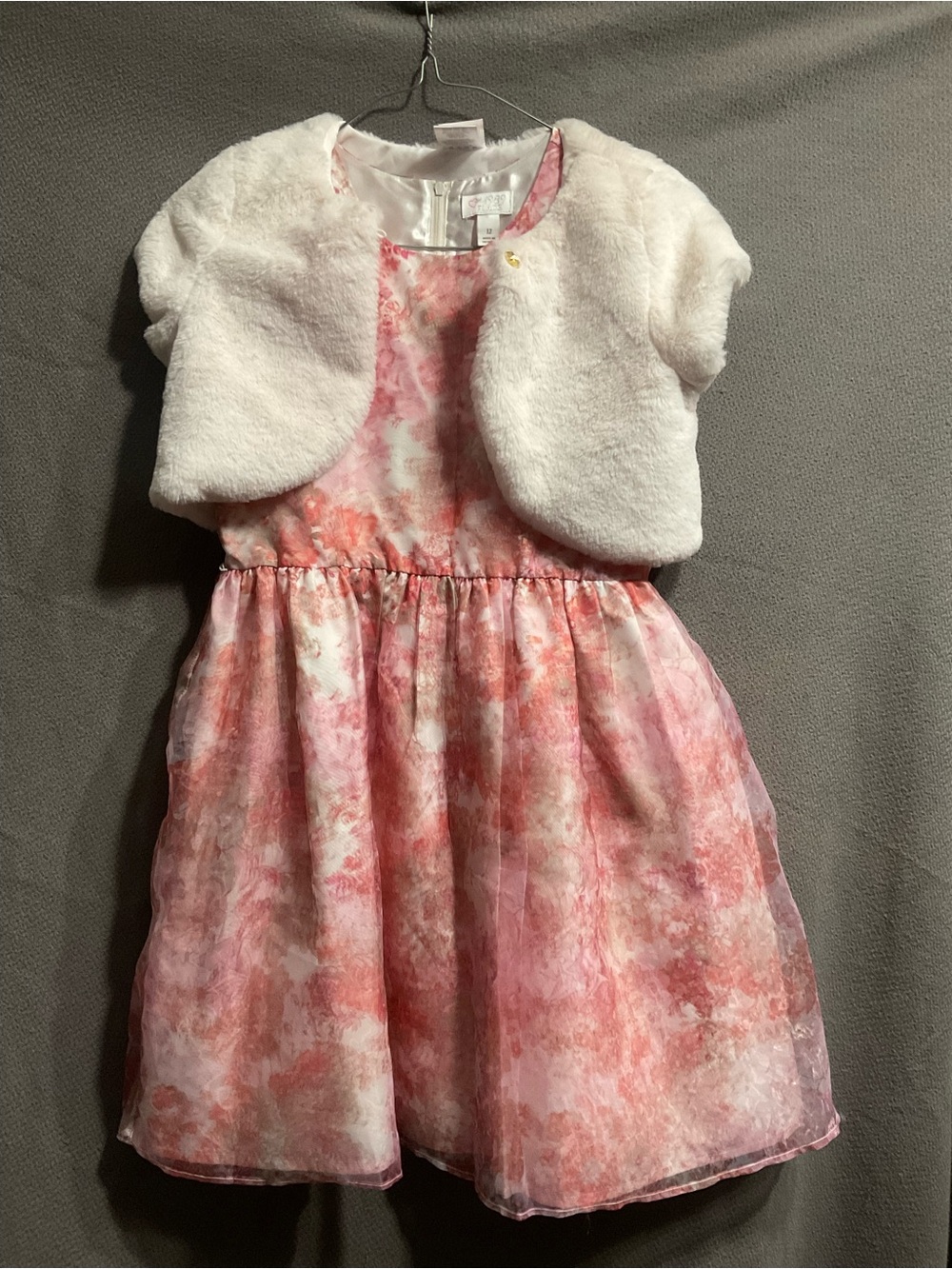 The Children's Place Pink Floral Organza Dress with White Faux-Fur Bolero